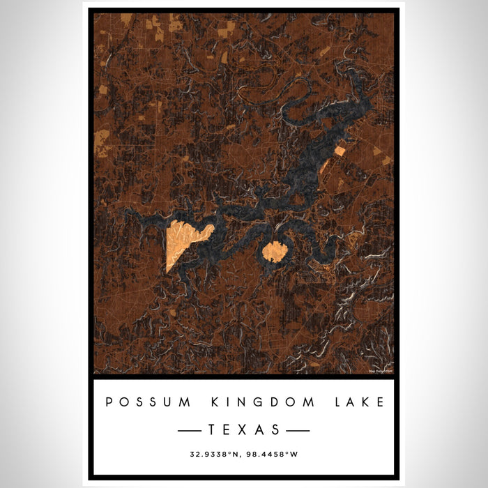 Possum Kingdom Lake Texas Map Print Portrait Orientation in Ember Style With Shaded Background