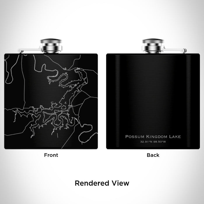 Rendered View of Possum Kingdom Lake Texas Map Engraving on 6oz Stainless Steel Flask in Black