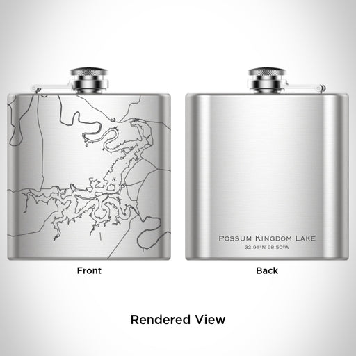 Rendered View of Possum Kingdom Lake Texas Map Engraving on 6oz Stainless Steel Flask