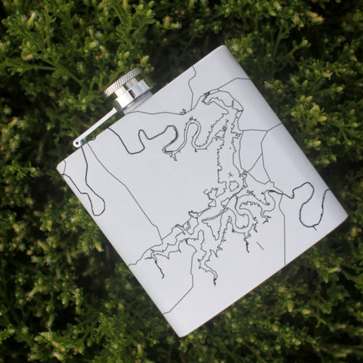 Possum Kingdom Lake Texas Custom Engraved City Map Inscription Coordinates on 6oz Stainless Steel Flask in White