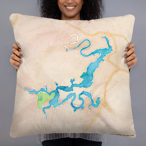 Person holding 22x22 Custom Possum Kingdom Lake Texas Map Throw Pillow in Watercolor