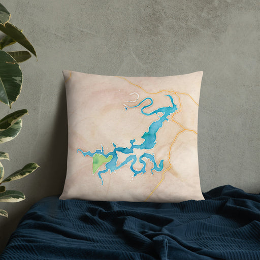 Custom Possum Kingdom Lake Texas Map Throw Pillow in Watercolor on Bedding Against Wall