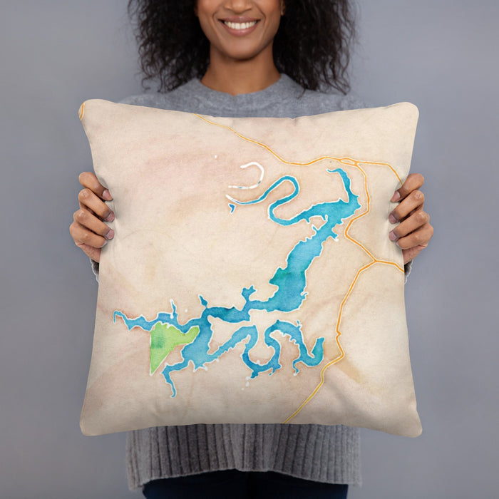 Person holding 18x18 Custom Possum Kingdom Lake Texas Map Throw Pillow in Watercolor