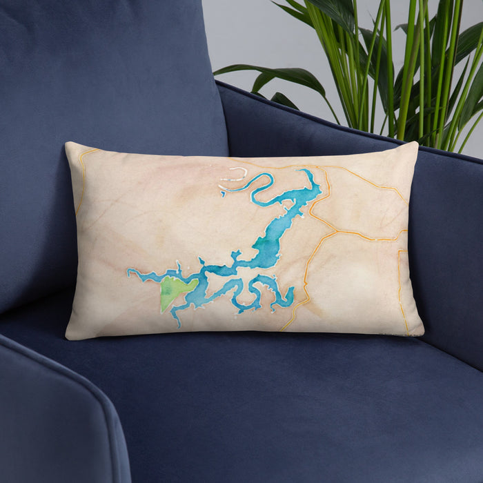 Custom Possum Kingdom Lake Texas Map Throw Pillow in Watercolor on Blue Colored Chair