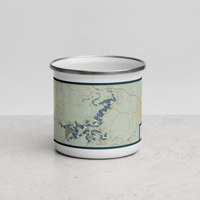 Front View Custom Possum Kingdom Lake Texas Map Enamel Mug in Woodblock
