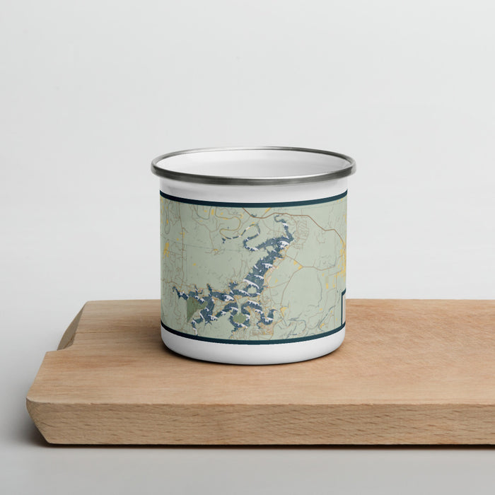 Front View Custom Possum Kingdom Lake Texas Map Enamel Mug in Woodblock on Cutting Board