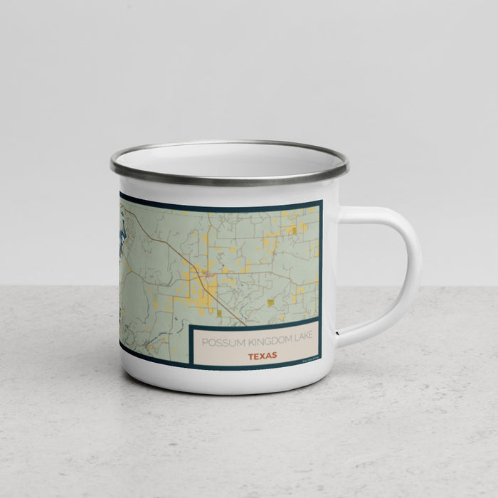 Right View Custom Possum Kingdom Lake Texas Map Enamel Mug in Woodblock