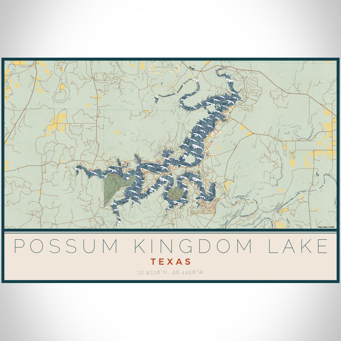 Possum Kingdom Lake Texas Map Print Landscape Orientation in Woodblock Style With Shaded Background