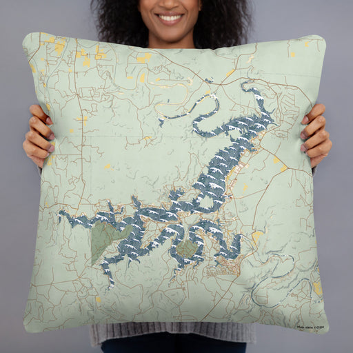 Person holding 22x22 Custom Possum Kingdom Lake Texas Map Throw Pillow in Woodblock