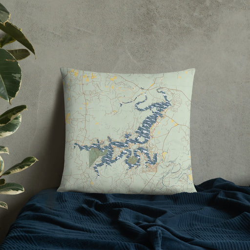 Custom Possum Kingdom Lake Texas Map Throw Pillow in Woodblock on Bedding Against Wall