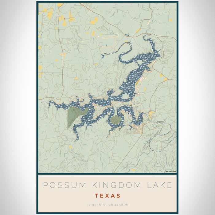 Possum Kingdom Lake Texas Map Print Portrait Orientation in Woodblock Style With Shaded Background