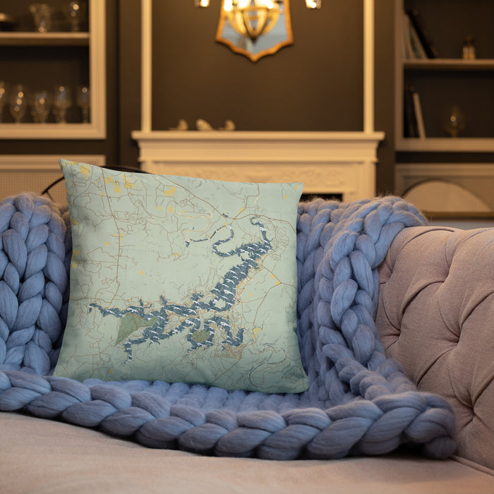 Custom Possum Kingdom Lake Texas Map Throw Pillow in Woodblock on Cream Colored Couch