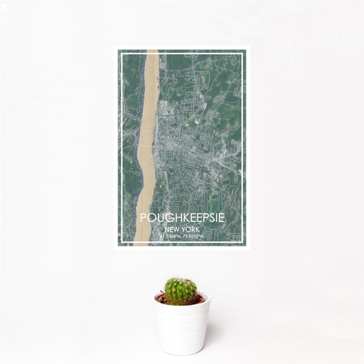 12x18 Poughkeepsie New York Map Print Portrait Orientation in Afternoon Style With Small Cactus Plant in White Planter