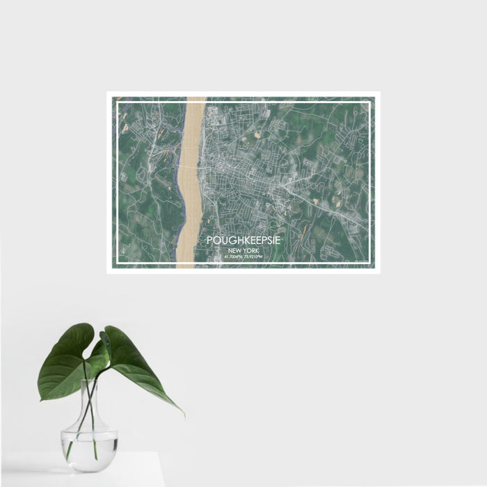 16x24 Poughkeepsie New York Map Print Landscape Orientation in Afternoon Style With Tropical Plant Leaves in Water