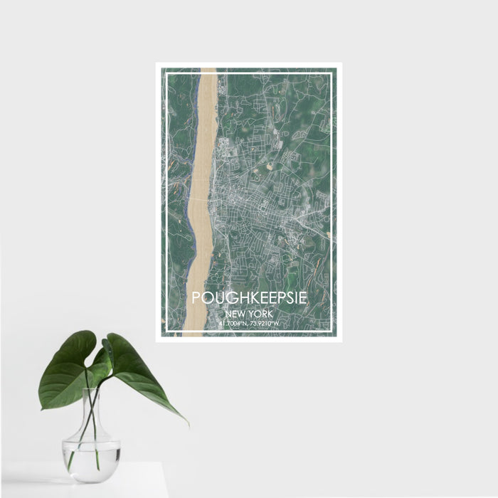 16x24 Poughkeepsie New York Map Print Portrait Orientation in Afternoon Style With Tropical Plant Leaves in Water