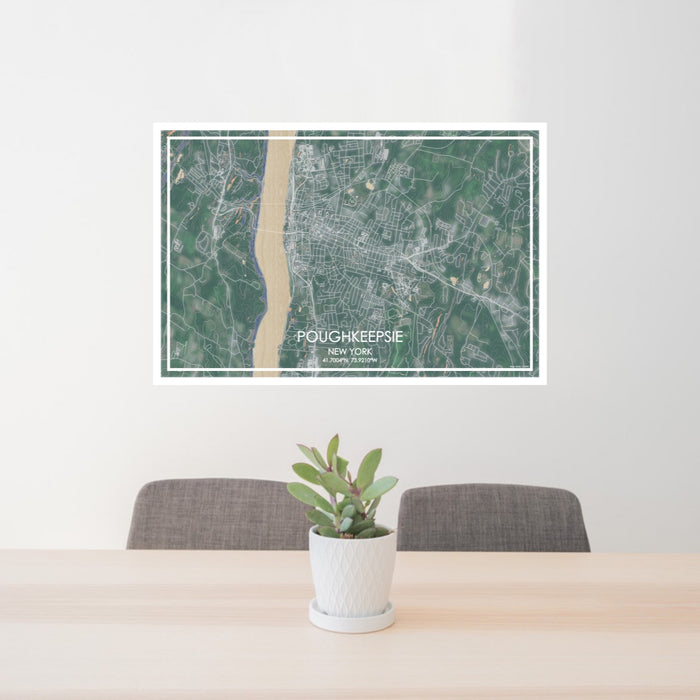 24x36 Poughkeepsie New York Map Print Lanscape Orientation in Afternoon Style Behind 2 Chairs Table and Potted Plant