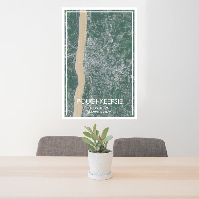 24x36 Poughkeepsie New York Map Print Portrait Orientation in Afternoon Style Behind 2 Chairs Table and Potted Plant