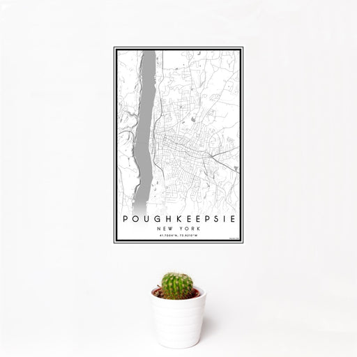 12x18 Poughkeepsie New York Map Print Portrait Orientation in Classic Style With Small Cactus Plant in White Planter