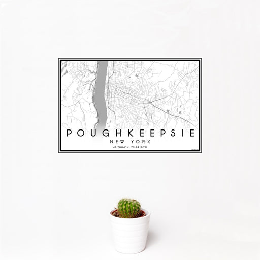 12x18 Poughkeepsie New York Map Print Landscape Orientation in Classic Style With Small Cactus Plant in White Planter