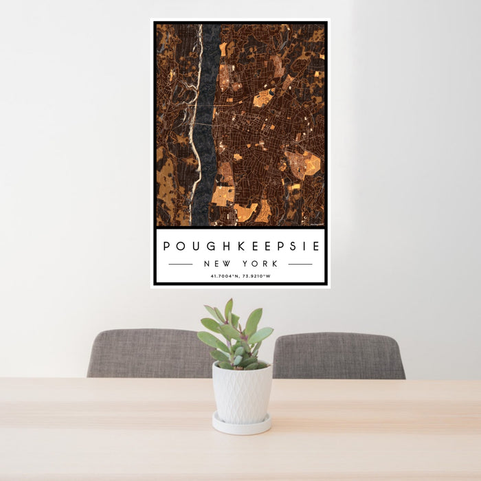 24x36 Poughkeepsie New York Map Print Portrait Orientation in Ember Style Behind 2 Chairs Table and Potted Plant