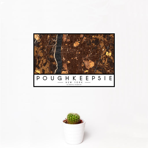 12x18 Poughkeepsie New York Map Print Landscape Orientation in Ember Style With Small Cactus Plant in White Planter