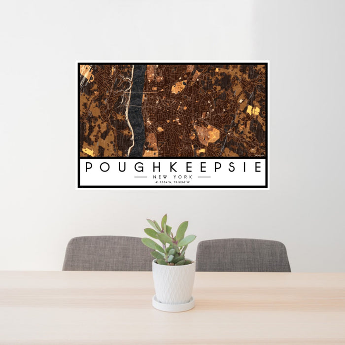 24x36 Poughkeepsie New York Map Print Landscape Orientation in Ember Style Behind 2 Chairs Table and Potted Plant