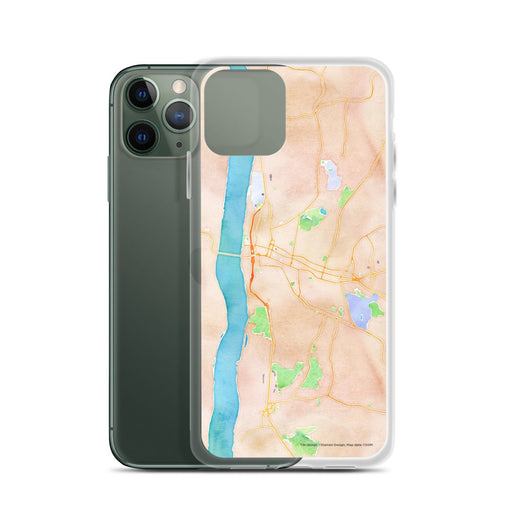 Custom Poughkeepsie New York Map Phone Case in Watercolor on Table with Laptop and Plant
