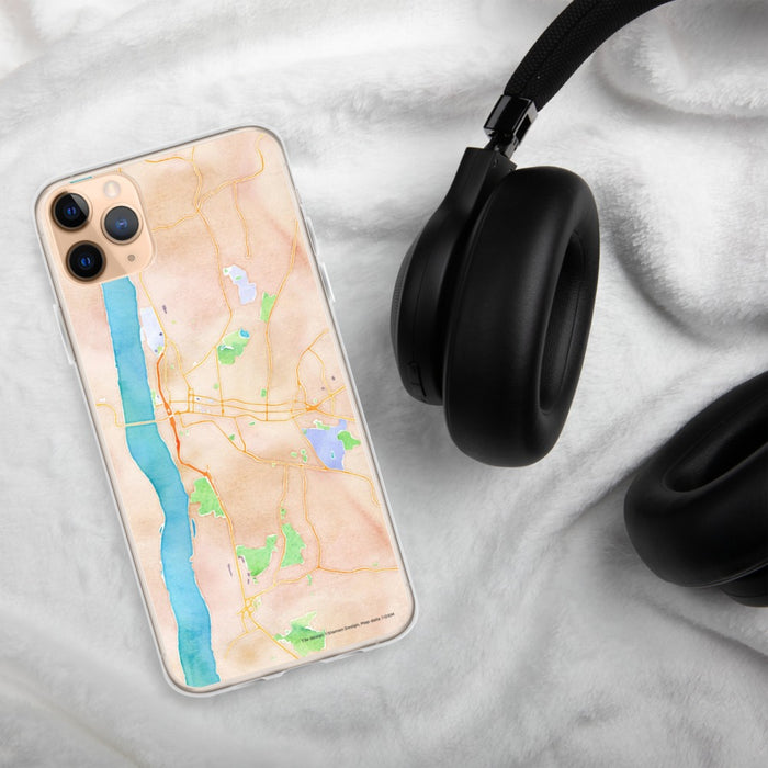 Custom Poughkeepsie New York Map Phone Case in Watercolor on Table with Black Headphones