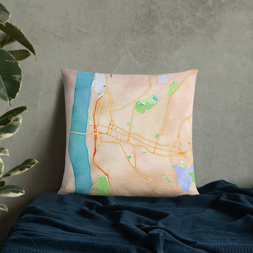 Custom Poughkeepsie New York Map Throw Pillow in Watercolor on Bedding Against Wall