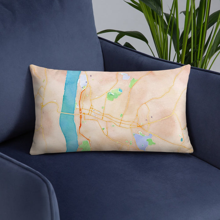 Custom Poughkeepsie New York Map Throw Pillow in Watercolor on Blue Colored Chair