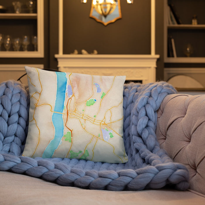 Custom Poughkeepsie New York Map Throw Pillow in Watercolor on Cream Colored Couch