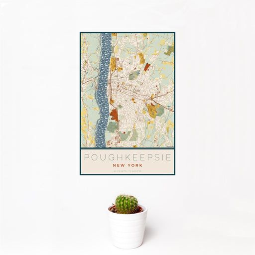 12x18 Poughkeepsie New York Map Print Portrait Orientation in Woodblock Style With Small Cactus Plant in White Planter