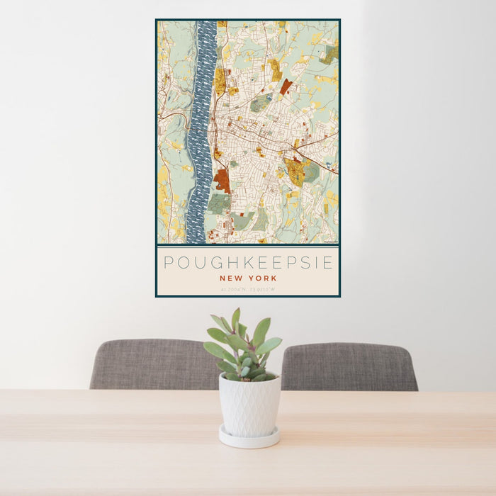 24x36 Poughkeepsie New York Map Print Portrait Orientation in Woodblock Style Behind 2 Chairs Table and Potted Plant