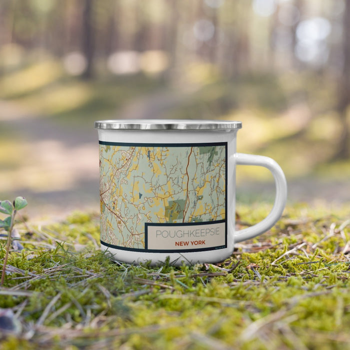 Right View Custom Poughkeepsie New York Map Enamel Mug in Woodblock on Grass With Trees in Background