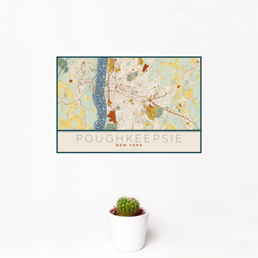 12x18 Poughkeepsie New York Map Print Landscape Orientation in Woodblock Style With Small Cactus Plant in White Planter