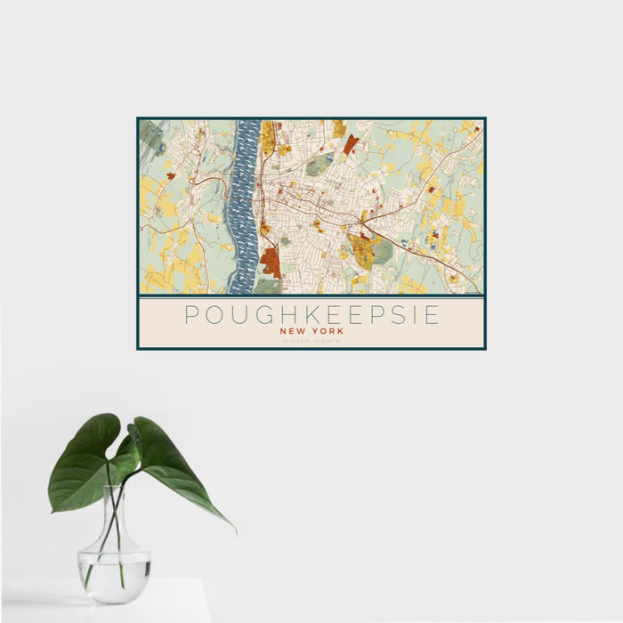 16x24 Poughkeepsie New York Map Print Landscape Orientation in Woodblock Style With Tropical Plant Leaves in Water