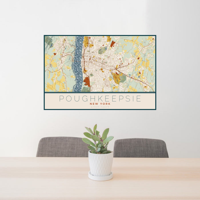 24x36 Poughkeepsie New York Map Print Landscape Orientation in Woodblock Style Behind 2 Chairs Table and Potted Plant