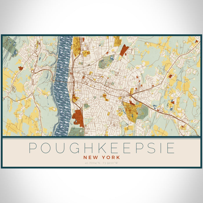 Poughkeepsie New York Map Print Landscape Orientation in Woodblock Style With Shaded Background