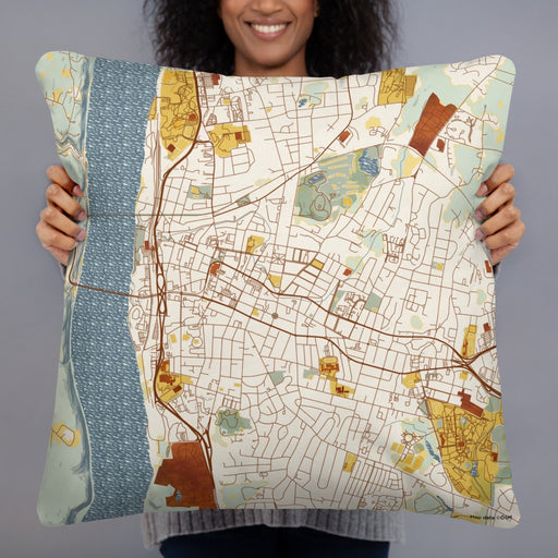 Person holding 22x22 Custom Poughkeepsie New York Map Throw Pillow in Woodblock