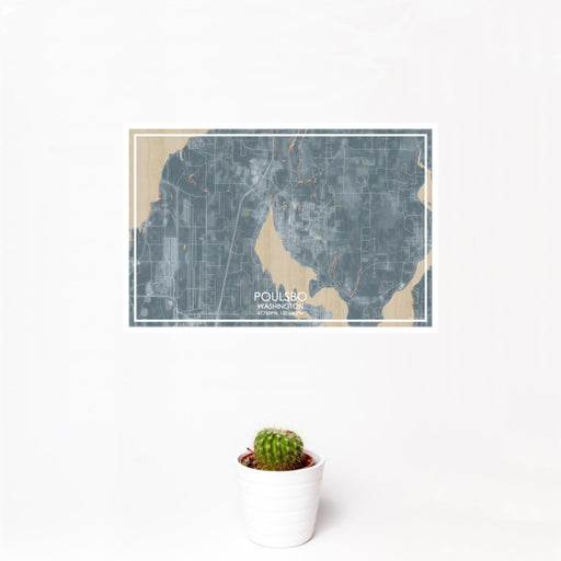 12x18 Poulsbo Washington Map Print Landscape Orientation in Afternoon Style With Small Cactus Plant in White Planter