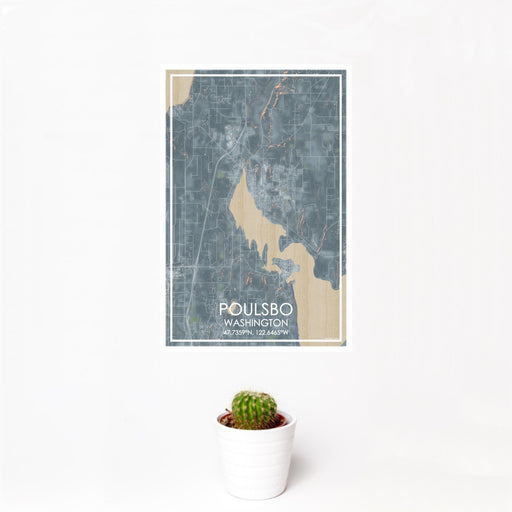 12x18 Poulsbo Washington Map Print Portrait Orientation in Afternoon Style With Small Cactus Plant in White Planter