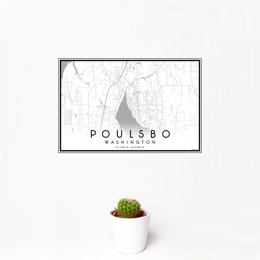 12x18 Poulsbo Washington Map Print Landscape Orientation in Classic Style With Small Cactus Plant in White Planter