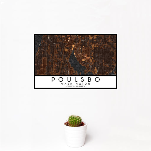 12x18 Poulsbo Washington Map Print Landscape Orientation in Ember Style With Small Cactus Plant in White Planter