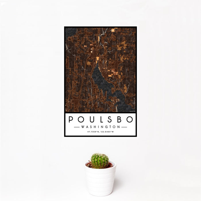12x18 Poulsbo Washington Map Print Portrait Orientation in Ember Style With Small Cactus Plant in White Planter
