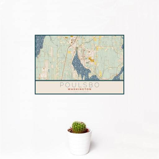 12x18 Poulsbo Washington Map Print Landscape Orientation in Woodblock Style With Small Cactus Plant in White Planter