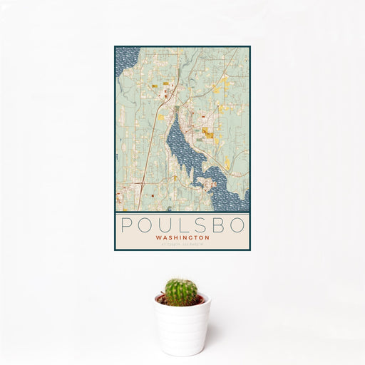 12x18 Poulsbo Washington Map Print Portrait Orientation in Woodblock Style With Small Cactus Plant in White Planter