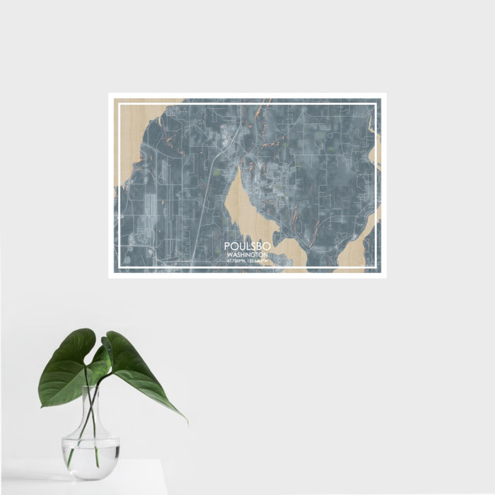 16x24 Poulsbo Washington Map Print Landscape Orientation in Afternoon Style With Tropical Plant Leaves in Water