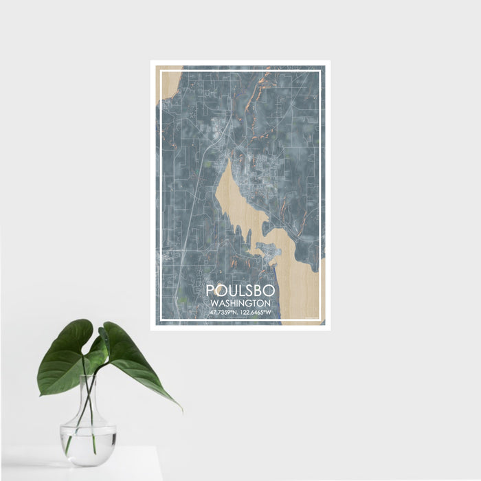 16x24 Poulsbo Washington Map Print Portrait Orientation in Afternoon Style With Tropical Plant Leaves in Water