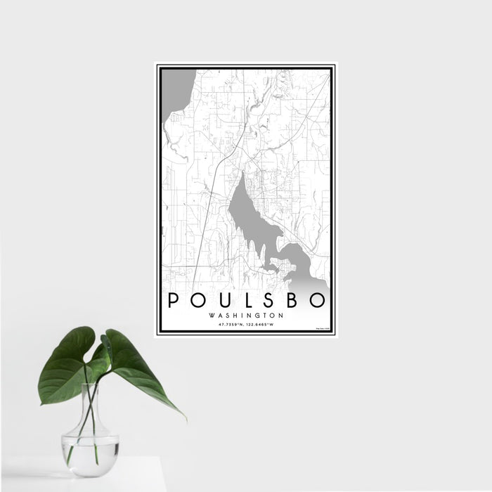 16x24 Poulsbo Washington Map Print Portrait Orientation in Classic Style With Tropical Plant Leaves in Water