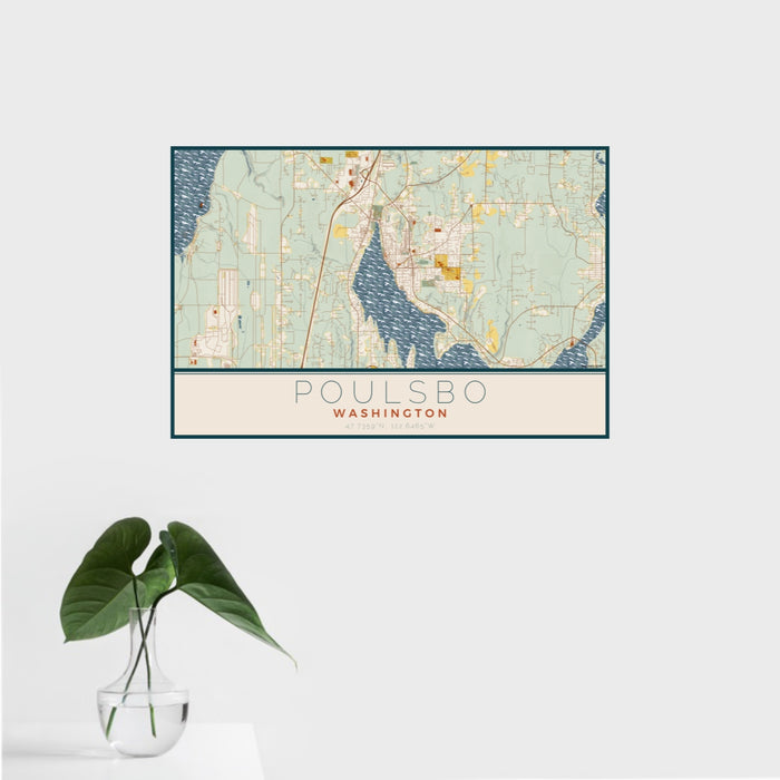 16x24 Poulsbo Washington Map Print Landscape Orientation in Woodblock Style With Tropical Plant Leaves in Water